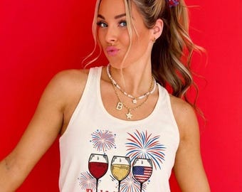 Camiseta regata azul e vinho tinto: Camiseta patriótica para o 4 de julho com tema de vinho