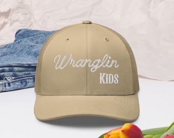 Wranglin' Kids Embroidered Trucker Hat - Funny Mom Western Cap