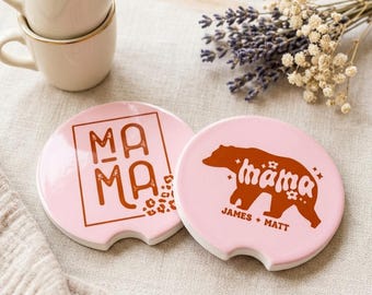 Personalized Mama Bear Car Coasters, Custom Mom Gift, Absorbent Stone Cup Holder Set