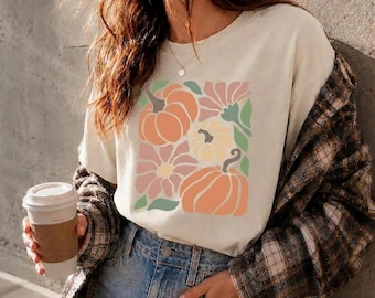 Floral Pumpkin Shirt, Vintage Fall Tee, Comfort Colors Halloween Shirt