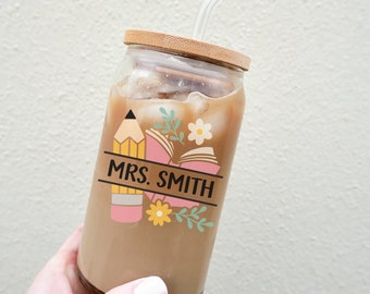 Personalized Teacher Glass Coffee Cup: Custom Name Gift with Lid & Straw