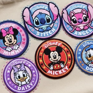 Disney Mickey & Friends Character Embroidered Patch Set, Mickey Minnie Donald Daisy Stitch Angel Cute Round Iron On Sew On Cartoon Badge