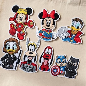 Disney Marvel Mashup Embroidered Patches - Minnie Mouse Captain Marvel, Iron Man Mickey, Spider Dog, Captain Chip & Black Panther Set