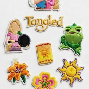 Rapunzel Tangled Embroidered Patch Set, Princess Iron On Patches, Pascal Sun Lantern Flower Frying Pan Applique for Jacket Bag