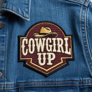 Puede incluir: Primer plano de una chaqueta vaquera azul con un parche "COWGIRL UP". El parche presenta un sombrero de vaquero y texto en hilo color crema sobre un fondo burdeos, con un borde negro. La chaqueta tiene cuello y bolsillo clásicos.