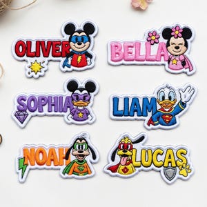 Aangepaste naam Disney Mickey 7 Friends superheld geborduurde patches set - Mickey Minnie Donald Goofy Pluto - gepersonaliseerde opstrijkpatch