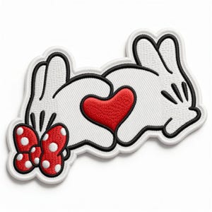 May include: Embroidered patch featuring white cartoon hands forming a heart with a red heart in the center. A red bow with white polka dots is on the left side. The design has a black outline.