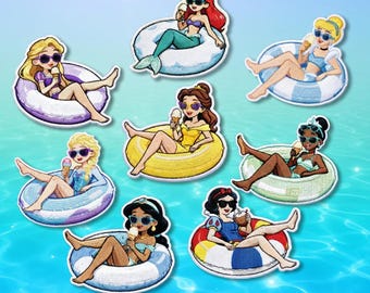 Disney Princess Summer Holiday, Elsa Snow White Ariel Tiana Jasmine Embroidered Iron On Patch