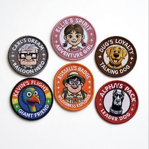 May include: A collection of seven embroidered patches featuring characters and phrases from a popular animated film. The patches are circular, with colorful designs and text including "Carl's Dream," "Ellie's Spirit," and "Alpha's Pack."