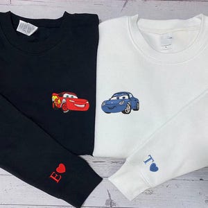 Cartoon Cars Couple Movie Embroidered Sweatshirt, McQueen Sally Mater Trending Crewneck, Cartoon Sweatshirts ESN1611-1612.L.H.C