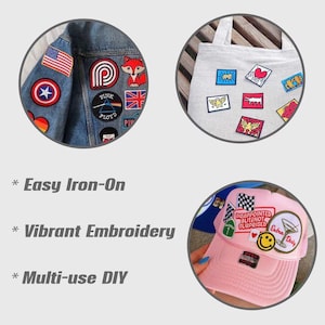 Puede incluir: Una colecci&oacute;n de parches termoadhesivos, incluyendo una bandera estadounidense, un zorro y un parche de Pink Floyd, mostrados en una chaqueta vaquera. Otros parches est&aacute;n en una bolsa de mano y una gorra de b&eacute;isbol rosa. El texto dice "Easy Iron-On", "Vibrant Embroidery" y "Multi-use DIY".