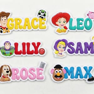 May include: Embroidered patches featuring characters and names from the Toy Story franchise. The patches include characters like Woody, Jessie, Buzz Lightyear, and Mr. Potato Head, with names such as Grace, Leo, Lily, Sam, Rose, and Max.