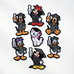 Disney Mickey & Friends Graduation Embroidered Patch Set - Mickey Minnie Donald Daisy Goofy Pluto Marie Cat Iron On