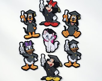 Disney Mickey & Friends Graduation Embroidered Patch Set - Mickey Minnie Donald Daisy Goofy Pluto Marie Cat Iron On