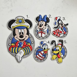 Disney Cruise Sailor Mickey Minnie Donald Goofy Pluto Embroidered Iron-On Patches - 5 Designs Nautical Applique Sew-On Jacket Backpack