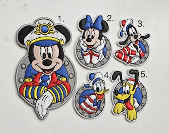Parches termoadhesivos bordados de Disney Cruise Sailor Mickey Minnie Donald Goofy Pluto - 5 diseños de apliques náuticos para coser en chaqueta y mochila
