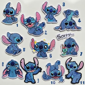 May include: Eleven embroidered patches featuring the character Stitch from Lilo & Stitch. The patches show Stitch in different poses and expressions, using blue and pink colours. Each patch is a unique design, suitable for clothing or accessories.
