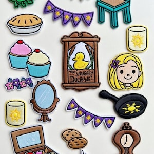 May include: A collection of embroidered patches featuring various designs. Includes a green chameleon, a white unicorn, a teal chair, a pie, cupcakes, a mirror, a frying pan with a sun, cookies, a clock, and more. The patches are colorful and detailed.