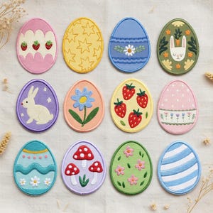 Embroidered Easter Egg Patches, Floral Bunny Strawberry Mushroom Set (Iron-On), Easter Gifts