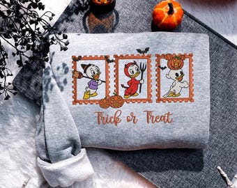 Retro Huey Dewey Louie Halloween Costume Trick Or Treat Embroidered Shirt, Ducktales Disneyland Halloween Party, Spooky Season Tee ESN2561