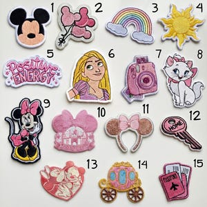 Disney Iron On Patch Set 15pcs | Pink Minnie Mickey Marie Rainbow Princess Embroidered Kawaii Applique DIY