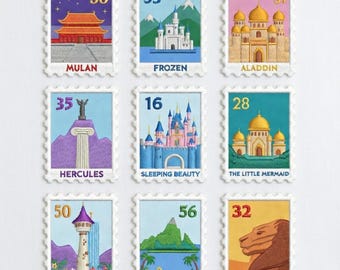 Disney Movie Stamp Embroidered Patch Set, Castle & Landmark Fairy Tale Collection, Iron On Set