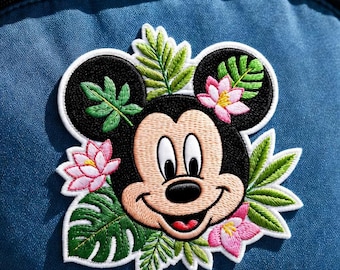 Mickey Floral Embroidered Patch, Cartoon Mouse Iron On Sew On, Tropical Flower Jacket Backpack
