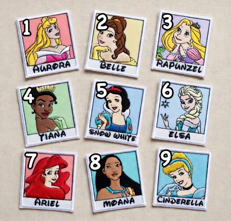 May include: Nine embroidered patches featuring Disney princesses: Aurora, Belle, Rapunzel, Tiana, Snow White, Elsa, Ariel, Moana, and Cinderella. Each patch has a white border and a princess's name below the image.