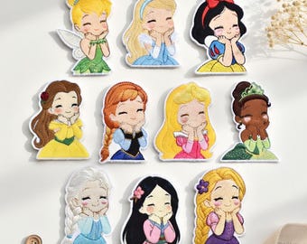 Parches bordados de princesas Disney para planchar en chaquetas, mochilas y sombreros: Cenicienta, Elsa, Rapunzel, Bella y Blancanieves.