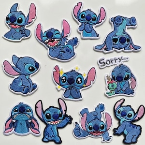 May include: A collection of blue and pink embroidered patches featuring the character Stitch from the animated film Lilo & Stitch. The patches depict Stitch in various poses, including smiling, crying, and upside down.