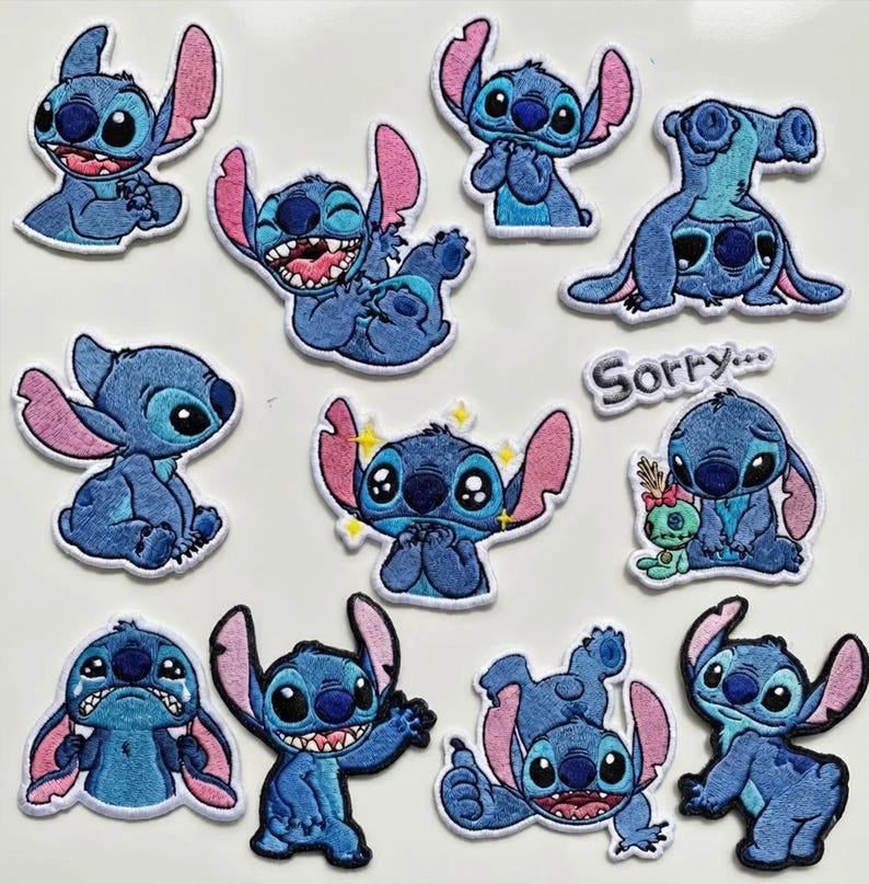May include: A selection of blue and pink embroidered patches featuring the character Stitch from the animated film Lilo & Stitch. The patches show Stitch in various poses, including smiling, crying, and upside down.