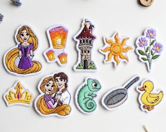 Disney Rapunzel Embroidered Iron-On Patch Set, Fairy Tale Princess Cartoon Badge (Set of 9)