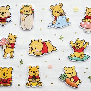 Disney Winnie the Pooh Patches Set, Pooh Bear Embroidered Iron On Applique, Mushroom Burrito Patch for Shirt Bag Jacket Baby
