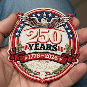 Puede incluir: Parche redondo con diseño patriótico. Presenta un águila calva sobre el texto "250 YEARS" y las fechas "1776-2026". El diseño incorpora colores rojo, blanco y azul, con estrellas y rayas.