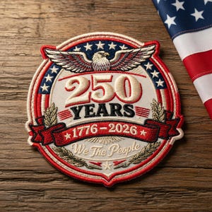 May include: Embroidered patch with a patriotic design. The patch features a central emblem with the text "250 YEARS 1776-2026 We The People" and an eagle. The patch is bordered by red, white, and blue accents, and an American flag is in the background.
