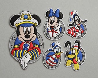 Disney Cruise Sailor Mickey Minnie Donald Goofy Pluto Embroidered Iron-On Patches - 5 Designs Nautical Applique Sew-On Jacket Backpack