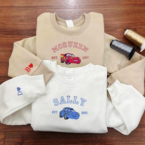 Cartoon Cars Couple Movie Embroidered Sweatshirt, McQueen Sally Mater Trending Crewneck, Cartoon Sweatshirts, Gift For Her ESNC004-010.H.C