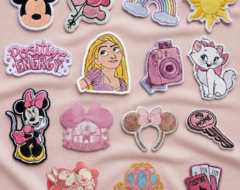 Disney Iron On Patch Set 15pcs | Pink Minnie Mickey Marie Rainbow Princess Embroidered Kawaii Applique DIY