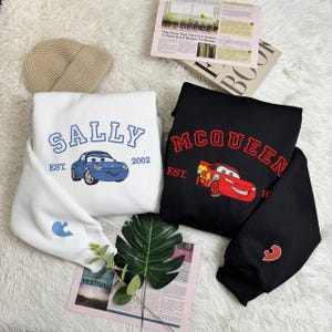 Cartoon Cars Couple Movie Embroidered Sweatshirt, McQueen Sally Mater Trending Crewneck, Cartoon Sweatshirts, Gift For Her ESN803.H-804.H