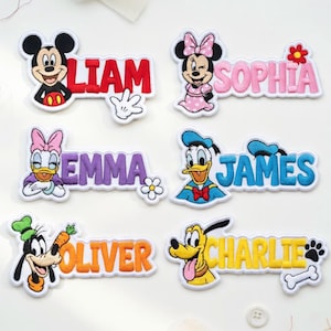 Aangepaste naam Disney geborduurde Mickey & Friend-patches - Mickey Minnie Donald Daisy Goofy Pluto - gepersonaliseerde opstrijkpatch