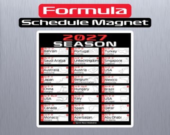 May include: A rectangular magnet featuring the 2027 Formula Season schedule. The black background displays 24 race rounds with dates, country names, city locations, and track outlines in white and red text. A red asterisk denotes sprint races.