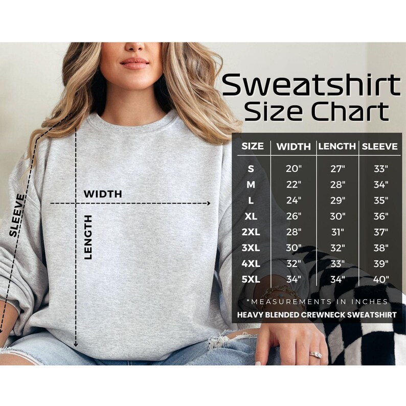 Op de afbeelding: Maattabel voor een sweatshirt met afmetingen in inches voor breedte, lengte en mouwlengte. De maten vari&euml;ren van S tot 5XL.