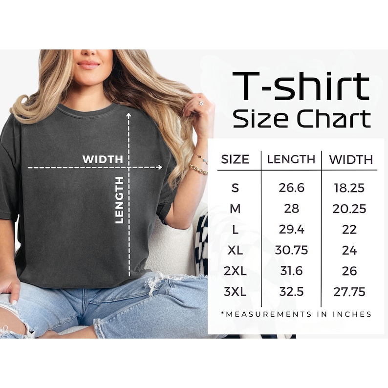 K&ouml;nnte beinhalten: T-Shirt Gr&ouml;&szlig;entabelle mit Ma&szlig;en in Zoll. Die Tabelle zeigt die L&auml;nge und Breite des Shirts in Zoll f&uuml;r die Gr&ouml;&szlig;en S, M, L, XL, 2XL und 3XL.