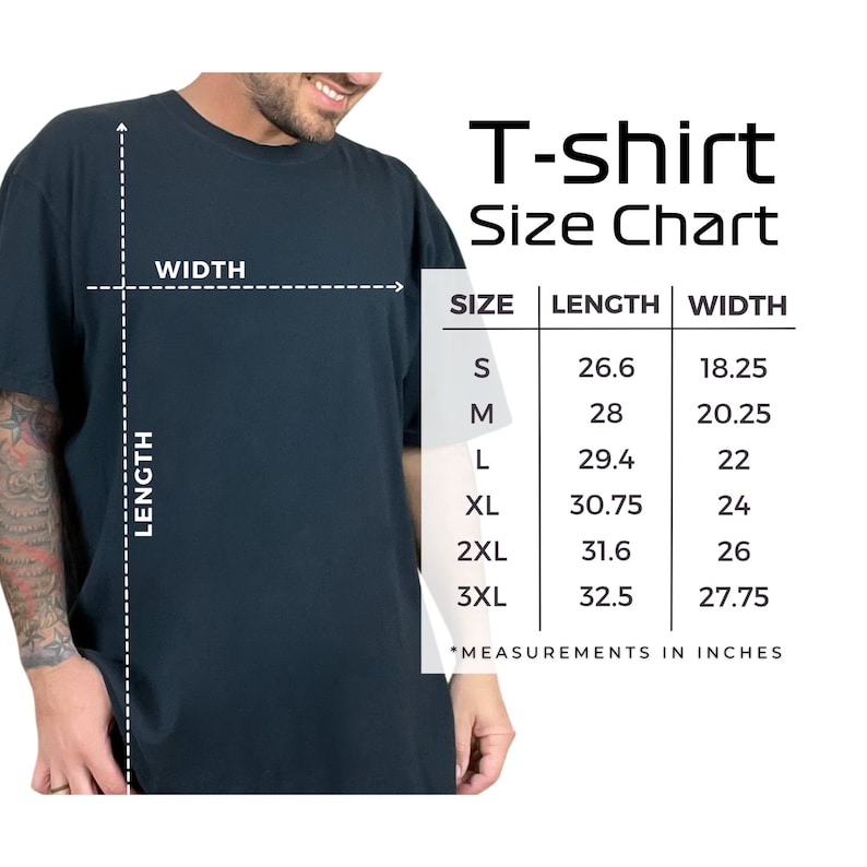 以下が含まれることがあります： Tシャツのサイズチャートで、インチで測定されています。チャートは、S、M、L、XL、2XL、3XLのサイズについて、シャツの長さと幅をインチで示しています。