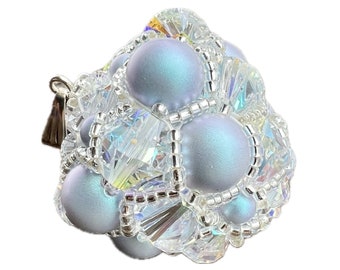 Ice Crystal; Pendant made of crystal glass with pearls and bicones in light blue and a delicate rainbow shimmer; Pendant, suncatcher, decoration