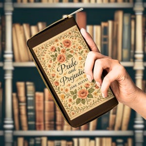 Cartera con diseño de Orgullo y Prejuicio para una estética literaria vintage.