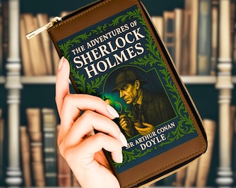 Cartera con forma de libro con la imagen de Sherlock Holmes para una estética victoriana/británica vintage.