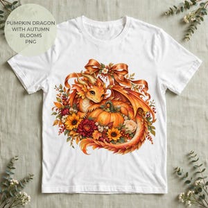 Pumpkin Dragon PNG, Autumn Floral Dragon with Copper Bow, Fall T-Shirt Design