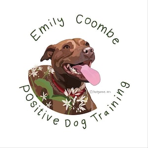 May include: A brown and white dog with a pink tongue sticking out, surrounded by white flowers. The text "Emily Coombe Positive Dog Training" is written in a circle around the dog.