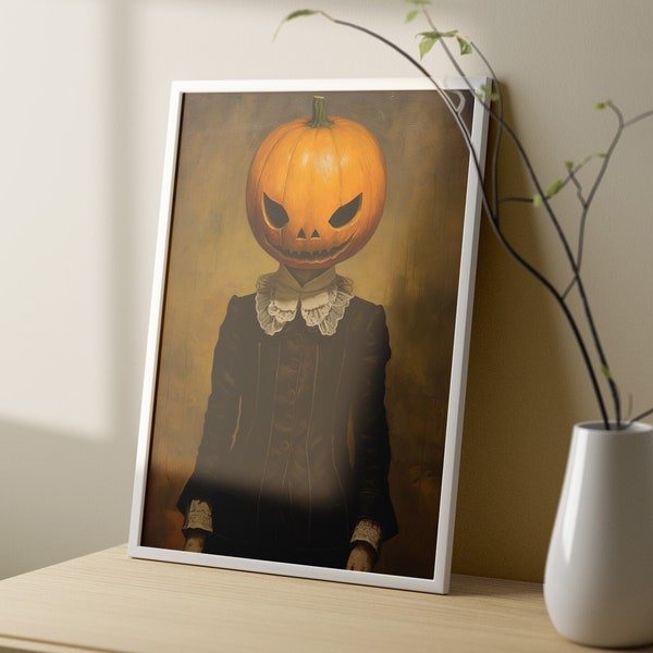 Vintage Pumpkin Doll | Girl in Mid-Century Clothing with a Halloween Head | Digital Wall Art Print | Halloween Decor | Printable